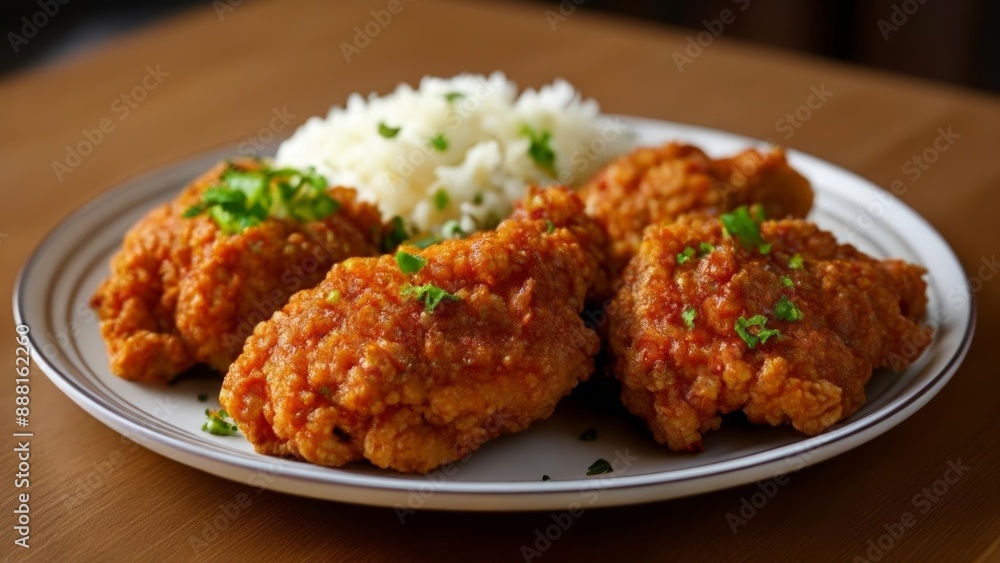 Crispy fried chicken and fluffy rice a classic comfort food combo Crispy fried chicken and fluffy rice a classic comfort food combo