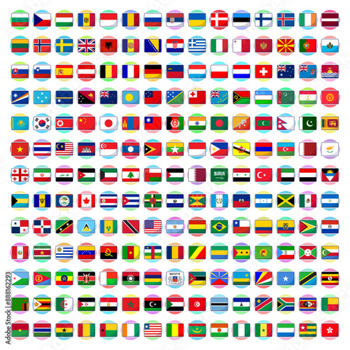 World national flags design. Official country signs, symbols, button, and emblems. International travel symbols, geography and language lesson flags emblem for education.