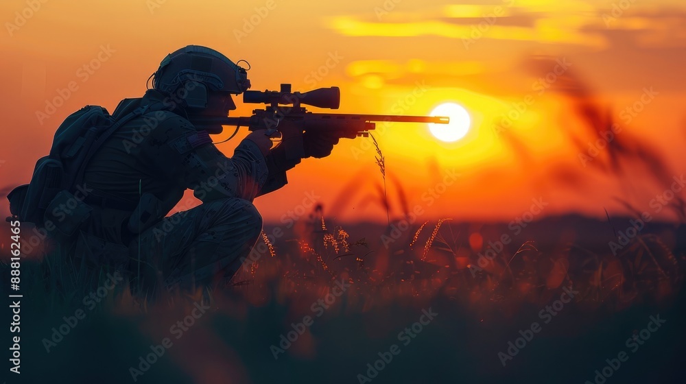 A soldier with a sniper rifle aims at a target during a sunset, creating a dramatic silhouette against the orange sky. A soldier with a sniper rifle aims at a target during a sunset, creating a dramatic silhouette against the orange sky.