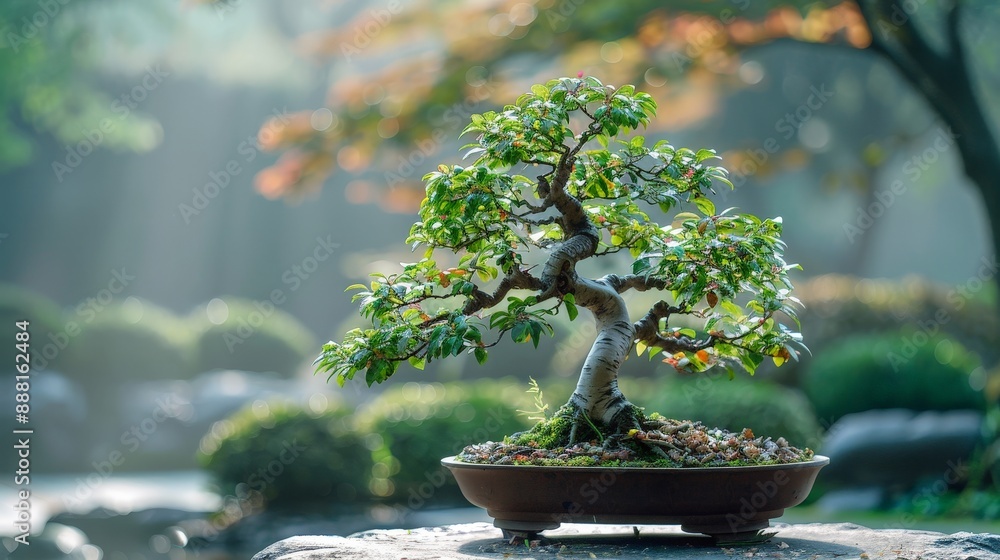 Elegant elm bonsai tree with delicate leaves in a serene Japanese tea garden Elegant elm bonsai tree with delicate leaves in a serene Japanese tea garden