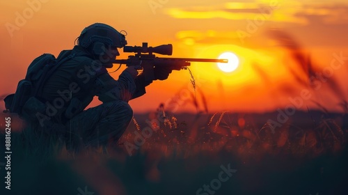 A soldier with a sniper rifle aims at a target during a sunset, creating a dramatic silhouette against the orange sky.