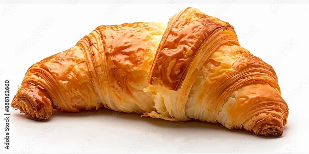 A croissant is shown on a white background. The croissant is golden brown and has a slightly crispy texture. Concept of indulgence and satisfaction A croissant is shown on a white background. The croissant is golden brown and has a slightly crispy texture. Concept of indulgence and satisfaction