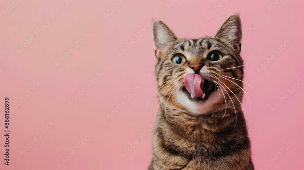 Obraz premium cat sticking out tongue isolated on pink background