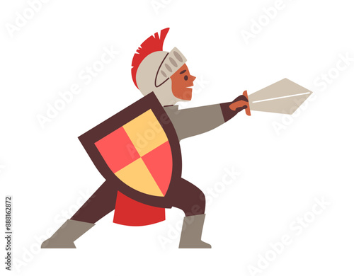 Boy dressed as a knight in armour with shield and sword, vector child in fairy tale theater costume, actor performance