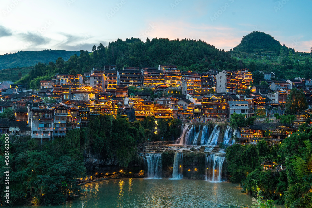 Wangcun Waterfall Beautiful in Furong Zhen town. Amazing beautiful landscape scene of Furong Ancient Town,Furong Zhen village Hunan province, China