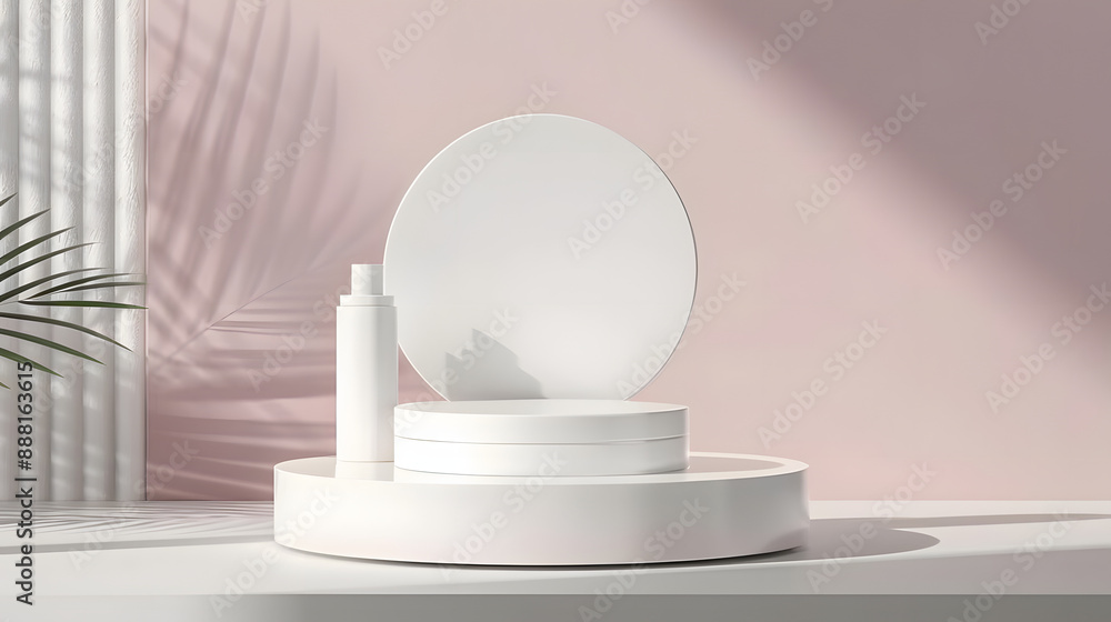 White podium for cosmetic product presentation on plain geometric background White podium for cosmetic product presentation on plain geometric background