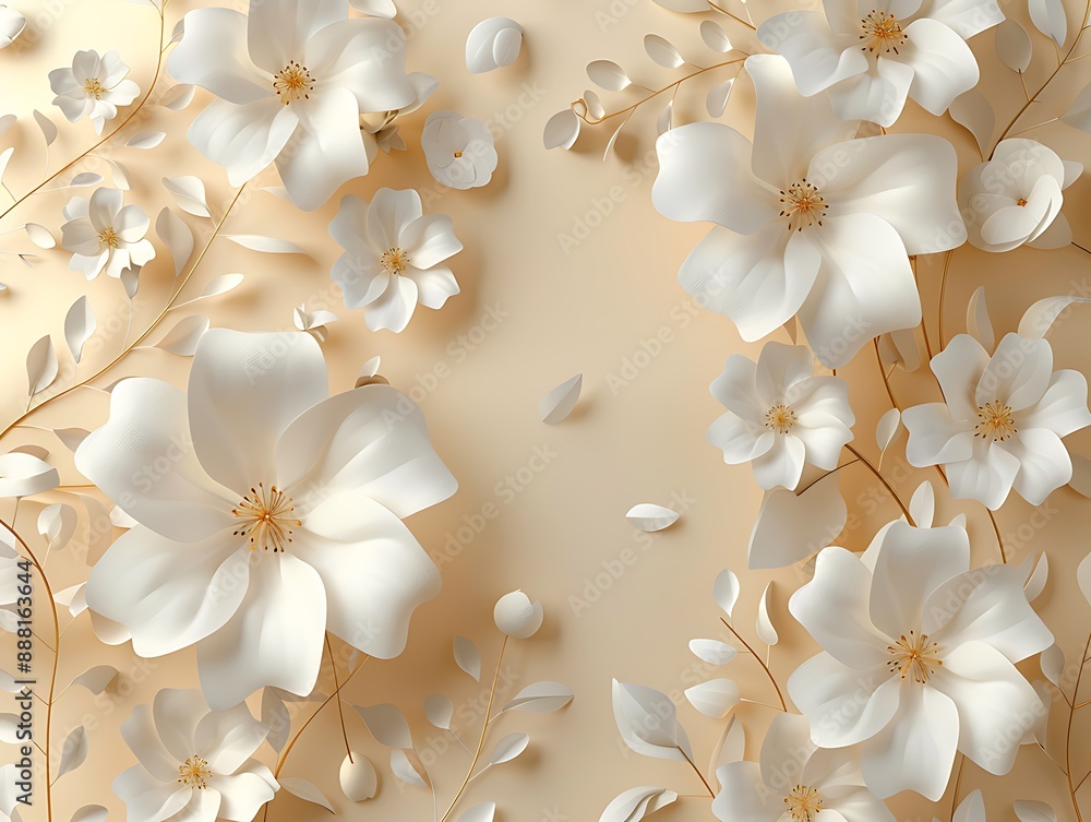 Elegant 3D paper art of white flowers on beige, space for text. Top view, vector illustration, light and clean. Elegant 3D paper art of white flowers on beige, space for text. Top view, vector illustration, light and clean.