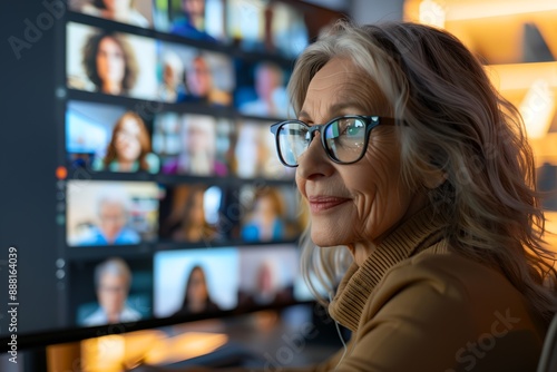 A woman wearing glasses is looking at a computer monitor with a group of people on the screen. She is smiling and seems to be enjoying the view © inspiretta