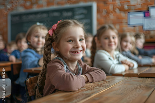 Cheerful young students in a classroom, back to school