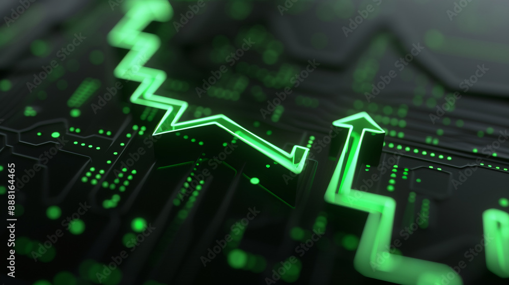 3D illustration of a green flexible arrow indicating investment and financial growth on a dark background. 3D illustration of a green flexible arrow indicating investment and financial growth on a dark background.