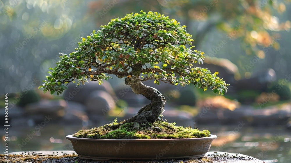 Elegant elm bonsai tree with delicate leaves in a serene Japanese tea garden Elegant elm bonsai tree with delicate leaves in a serene Japanese tea garden