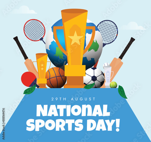 National sports day. 29th August National Sports day celebration banner with big golden trophy , sports items: basketball, football, rackets, tennis racket. Conceptual banner design for games.