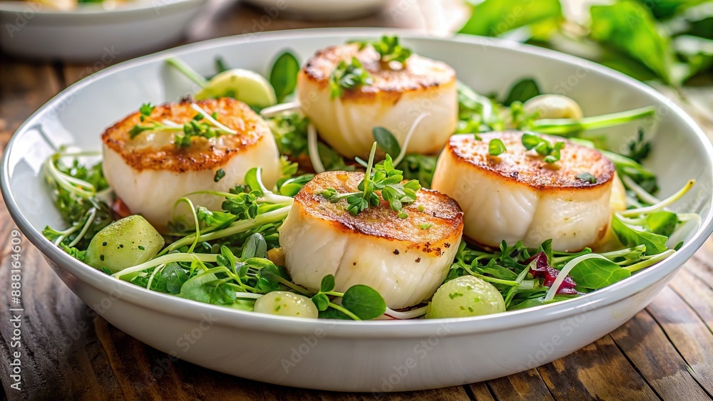 Freshly seared scallops rest atop a bed of steamed green vegetables, garnished with microgreens, in a crisp white ceramic bowl. Freshly seared scallops rest atop a bed of steamed green vegetables, garnished with microgreens, in a crisp white ceramic bowl.