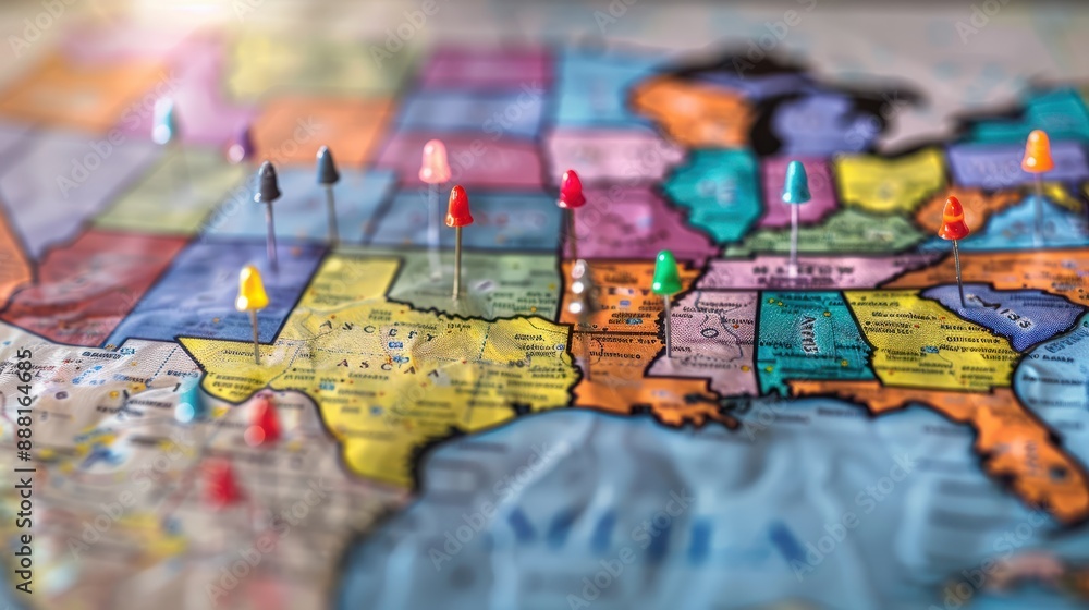 Naklejka premium Detailed usa map pinpointing key election areas for comprehensive analytical review
