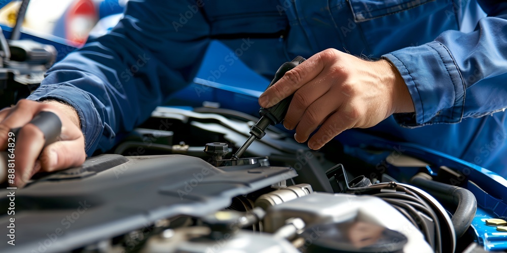 A mechanic is working on a car engine. Concept of focus and concentration as the mechanic carefully inspects the engine A mechanic is working on a car engine. Concept of focus and concentration as the mechanic carefully inspects the engine
