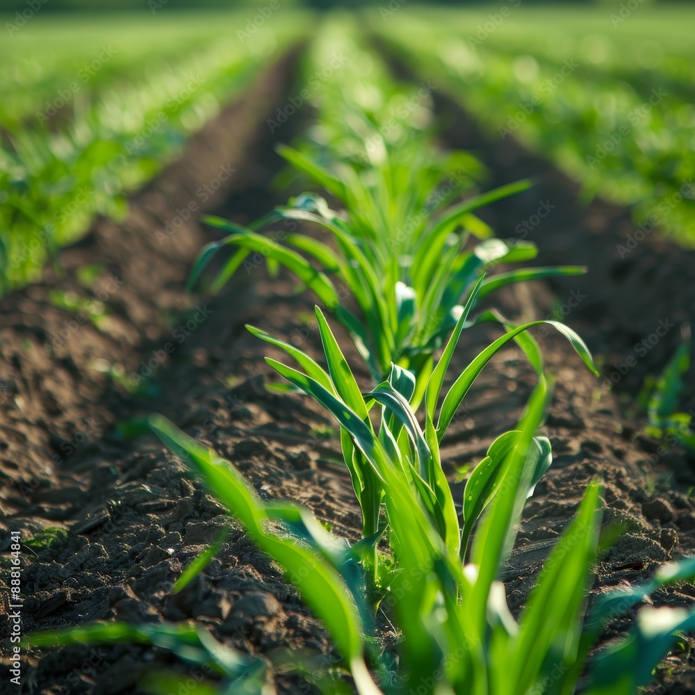 Sustainable Agricultural Practices: Close-up of Lush Green Crops in Neat Rows on a Productive Farmland Sustainable Agricultural Practices: Close-up of Lush Green Crops in Neat Rows on a Productive Farmland