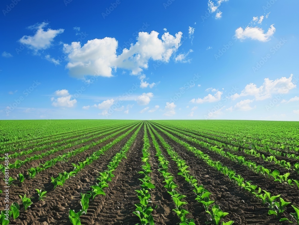 Flourishing Green Crops in Symmetrical Rows Under a Clear Blue Sky - A Vibrant Agronomic Growth Scene Flourishing Green Crops in Symmetrical Rows Under a Clear Blue Sky - A Vibrant Agronomic Growth Scene