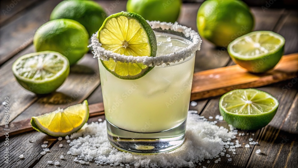 Frosted glass grasping a refreshing blend of tequila, lime, and triple sec, garnished with a salted rim and a slice of citrus. Frosted glass grasping a refreshing blend of tequila, lime, and triple sec, garnished with a salted rim and a slice of citrus.