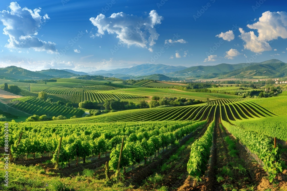 Golden Fields: Panoramic View of Lush Farmland with Rows of Crops Golden Fields: Panoramic View of Lush Farmland with Rows of Crops