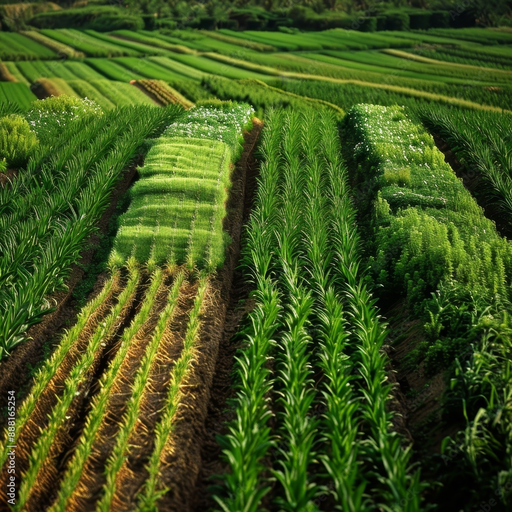Fototapeta premium A close-up of lush green crops growing in rows, capturing the essence of agricultural production