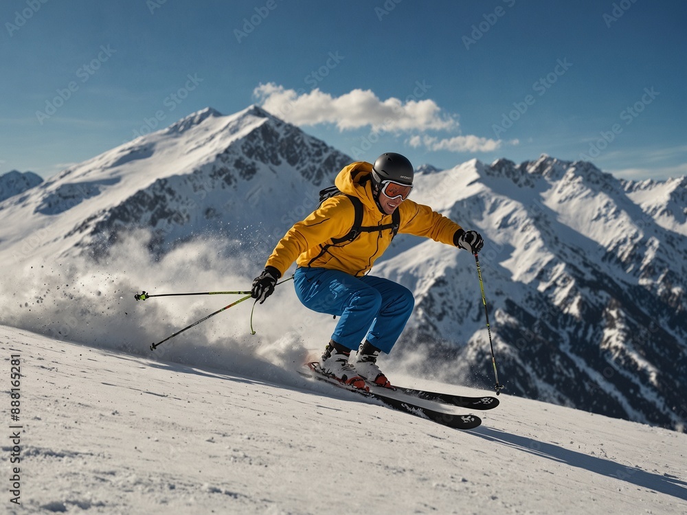 On a winter ski slope, a skier speeding downhill, with snow-capped mountains and blue skies in the background. On a winter ski slope, a skier speeding downhill, with snow-capped mountains and blue skies in the background.