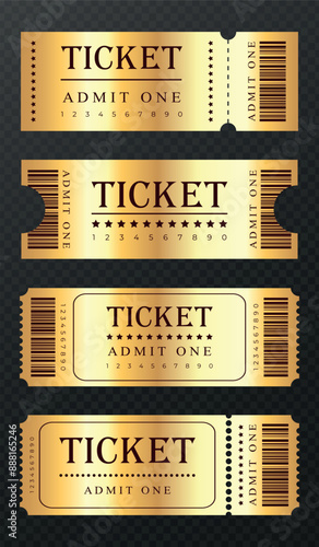 Abstract golden tickets templates on dark transparent background. Festival, cinema, theater, concert, casino, circus, event Golden tickets with barcode, front view. Vector illustration