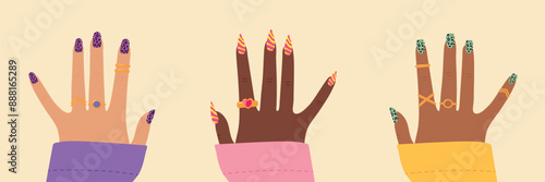 Set of women hands with animal print nail design. Leopard and zebra pattern nail art. Bright colorful manicure design