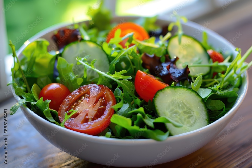 A refreshing salad bursting with fresh greens, crunchy vegetables, and tangy dressing, AI generated A refreshing salad bursting with fresh greens, crunchy vegetables, and tangy dressing, AI generated