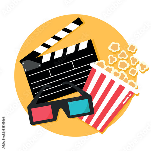 Cinema emblem with an open clapper board, popcorn bucket and 3d glasses. Round yellow background. Vector illustration in flat style