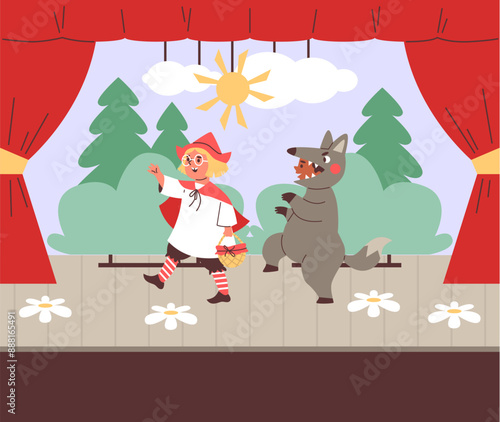 Theatre children actors performing Red Hood fairy tale in costumes on theater stage with red curtains cartoon vector