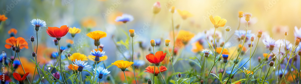 Blooming wildflowers in a sunlit meadow. Generative AI Blooming wildflowers in a sunlit meadow. Generative AI