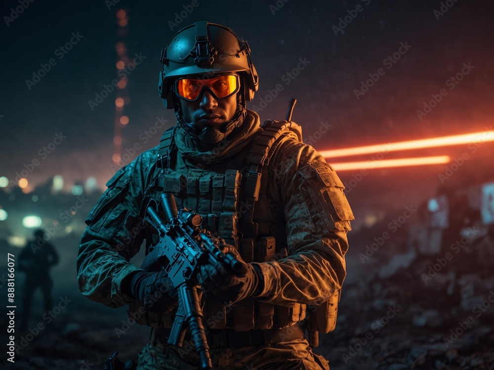 Fototapeta premium A soldier in high-tech combat gear, holding a laser weapon, with a neon-lit battlefield in the background.