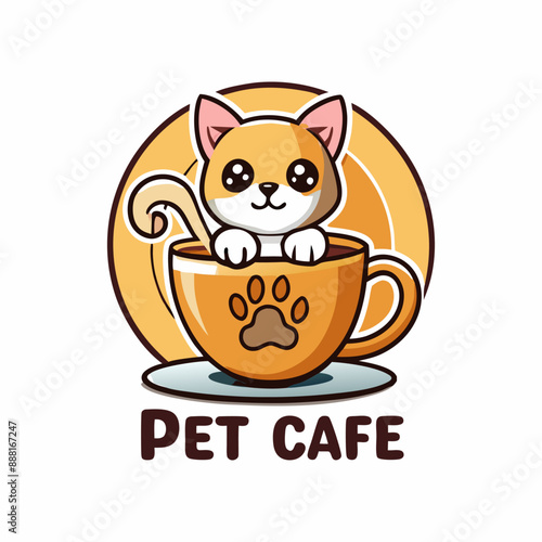 Vector graphics of the Pet cafe logo. A cute cat is sitting in a cup and the inscription Pet cafe