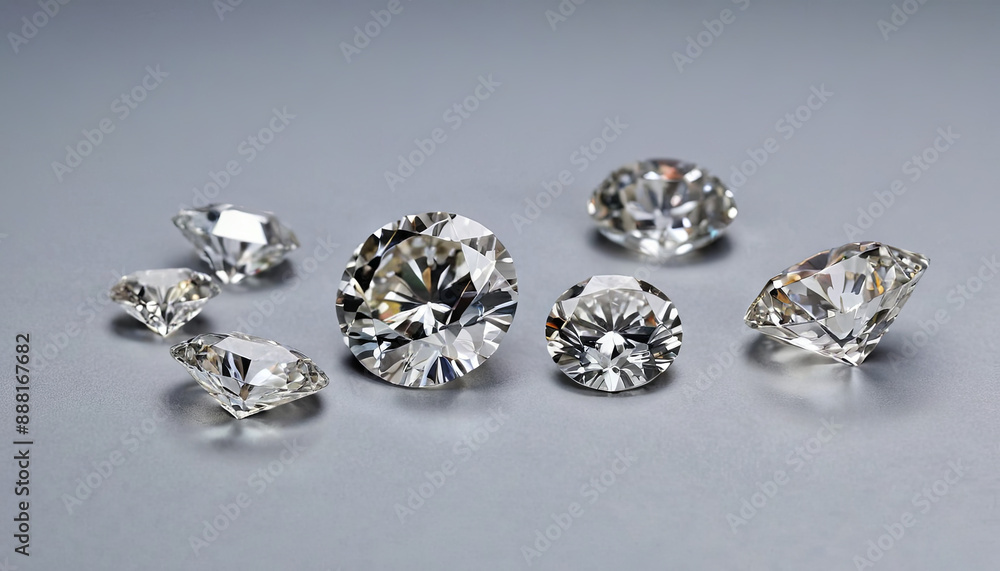 A collection of round brilliant cut diamonds of varying sizes sit on a gray surface A collection of round brilliant cut diamonds of varying sizes sit on a gray surface