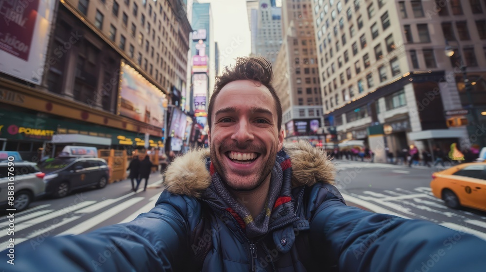 Naklejka premium Happy tourist caucasian man having fun taking a selfie at New York city : Generative AI