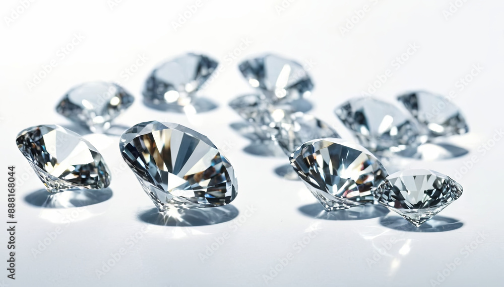 A collection of brilliant, cut diamonds is scattered on a white surface, reflecting light and casting shadows A collection of brilliant, cut diamonds is scattered on a white surface, reflecting light and casting shadows