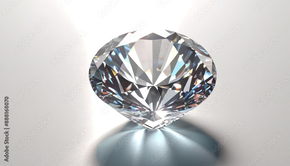 A large, clear diamond sits on a white surface, casting a reflection of light A large, clear diamond sits on a white surface, casting a reflection of light