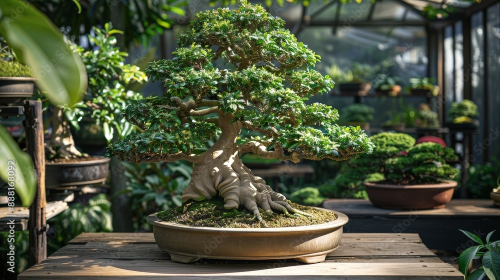 Elegant ficus bonsai tree with dense foliage in a lush greenhouse Elegant ficus bonsai tree with dense foliage in a lush greenhouse