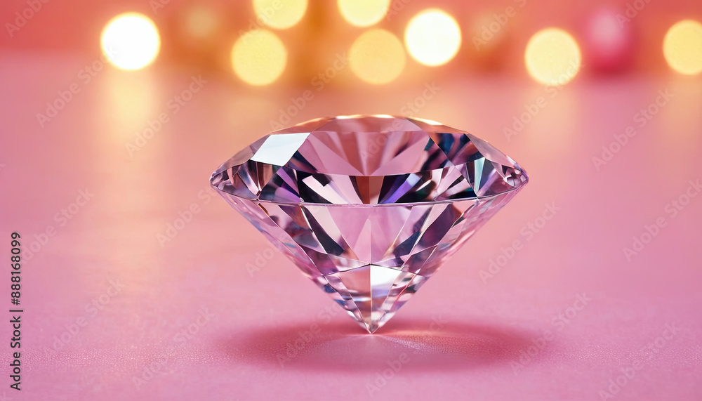 A large, clear diamond sits on a pink surface with a blurry background of golden lights A large, clear diamond sits on a pink surface with a blurry background of golden lights