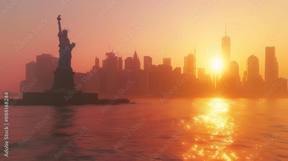 Naklejka premium Iconic Lady: Statue of Liberty Silhouetted Against the Manhattan Sunset