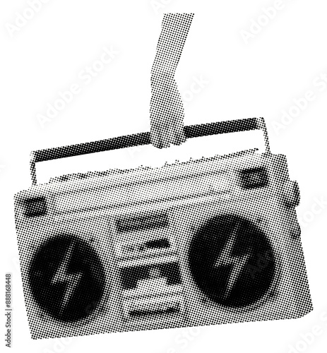 hand holding tape recorder isolated retro grunge halftone dotted vintage cutout music collage element for mixed media design