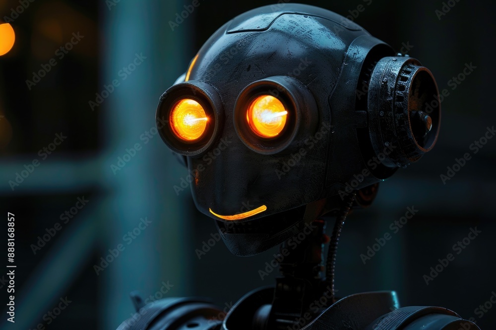 A robot with glowing eyes that seem to pierce through the darkness, A robot with glowing red eyes standing in darkness, AI generated A robot with glowing eyes that seem to pierce through the darkness, A robot with glowing red eyes standing in darkness, AI generated