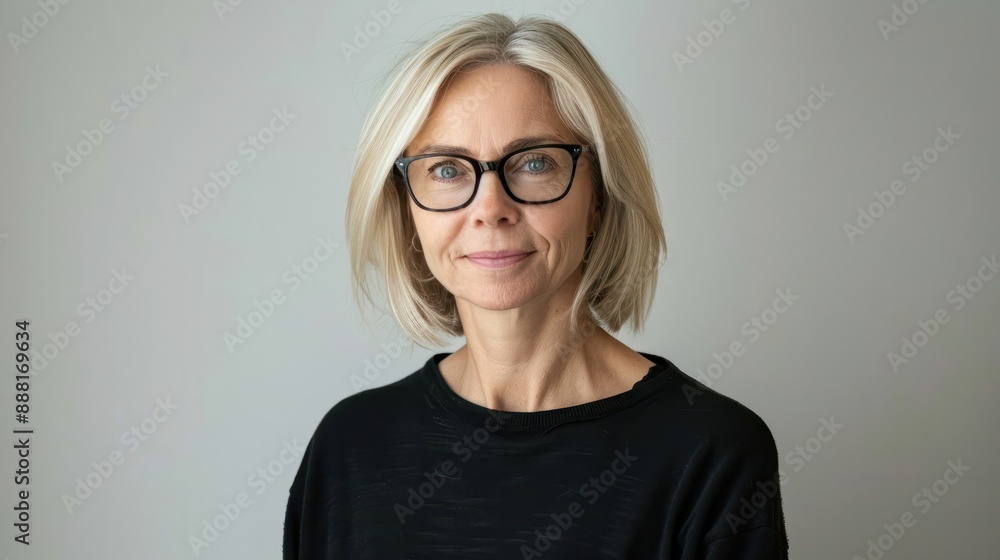 Middle age blonde woman wearing glasses standing over isolated white background with a happy and cool smile on face. lucky person. teeth person. Middle age blonde woman wearing glasses standing over isolated white background with a happy and cool smile on face. lucky person. teeth person.
