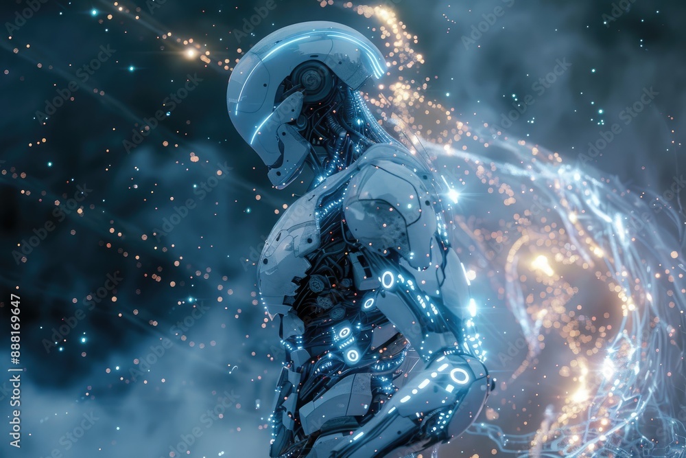 Fototapeta premium A mechanical figure against a backdrop of glowing lights, A robotic being with a cascading display of shimmering lights trailing behind it, AI generated