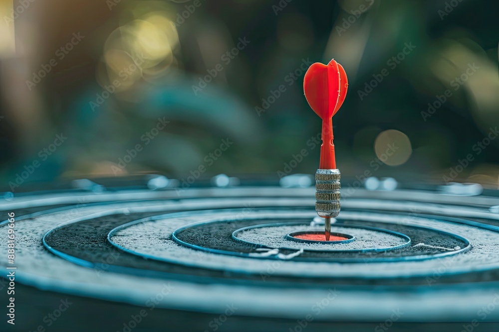 Close-up of a dart hitting the bullseye on a dartboard, symbolizing focus, precision, goal achievement, and success in a beautiful blurred background. Close-up of a dart hitting the bullseye on a dartboard, symbolizing focus, precision, goal achievement, and success in a beautiful blurred background.