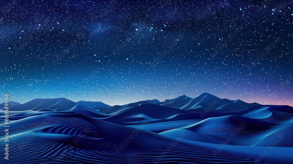 Obraz premium Minimalistic night landscape of desert dunes under a mesmerizing gradient starry sky.