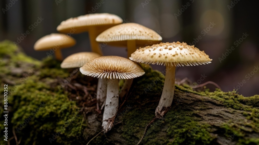Fototapeta premium Natures bounty A cluster of mushrooms thriving on a mossy log