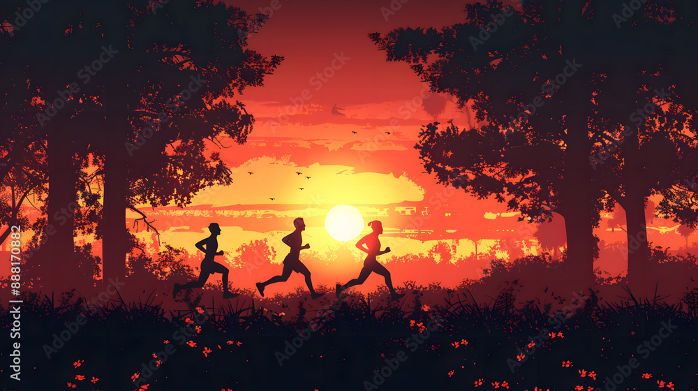 Fototapeta premium Running silhouettes. Vector illustration, Trail Running, Marathon runner