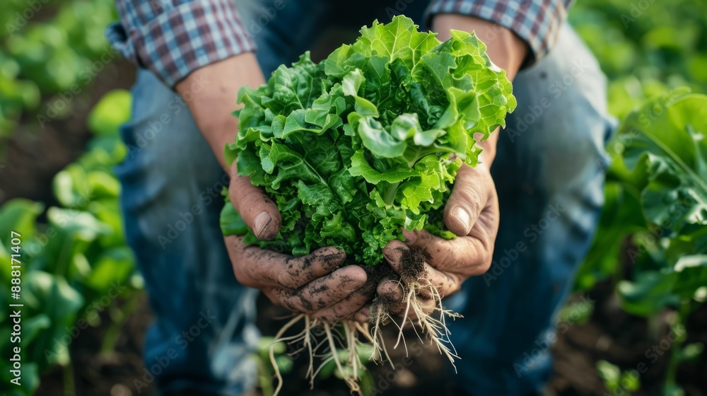 Fototapeta premium A man is holding a bunch of lettuce in his hands