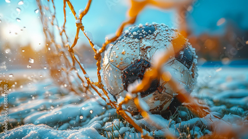 Close-up of a soccer ball hitting the back of the net on a sunny day, with players in the background. Perfect for sports-related themes, victory, and dynamic action shots.